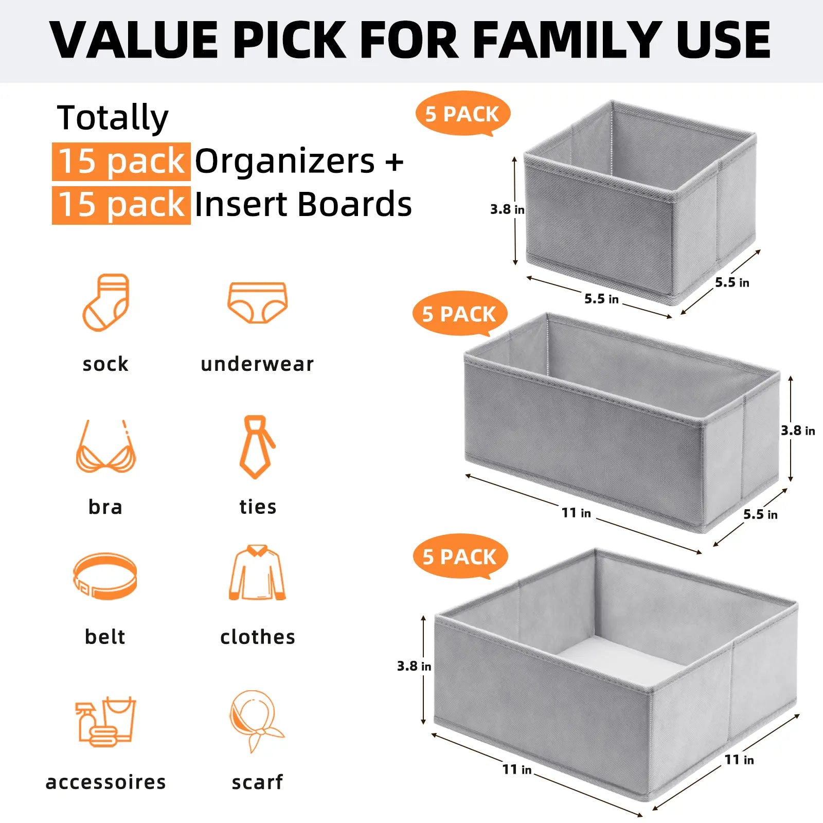 15-Piece Drawers Clothes Organizer - Reinforced Thick Fabric Foldable Storage Box with Divided Compartments