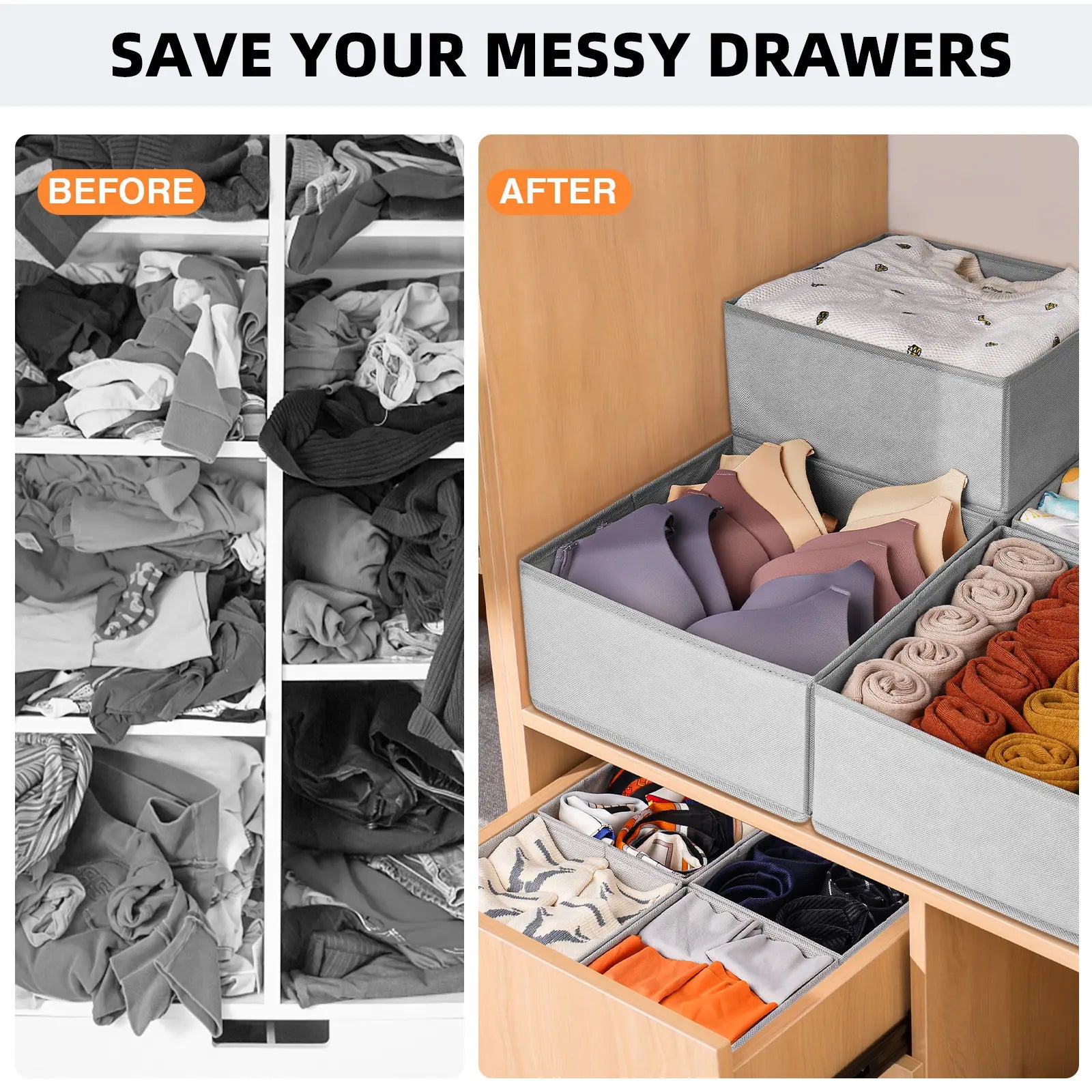 15-Piece Drawers Clothes Organizer - Reinforced Thick Fabric Foldable Storage Box with Divided Compartments