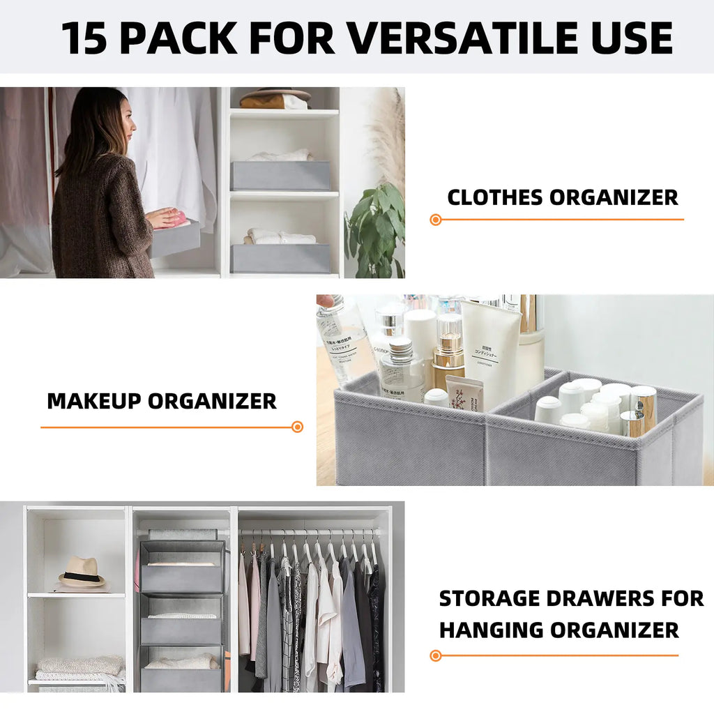 15-Piece Drawers Clothes Organizer - Reinforced Thick Fabric Foldable Storage Box with Divided Compartments
