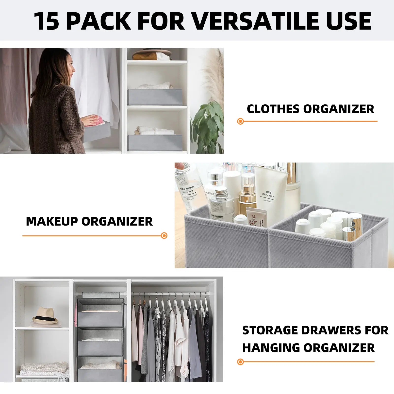 15-Piece Drawers Clothes Organizer - Reinforced Thick Fabric Foldable Storage Box with Divided Compartments