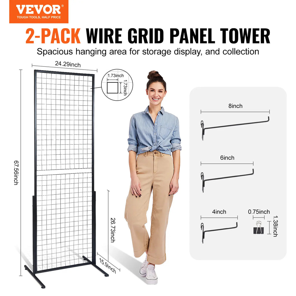2-Pack 2'x5.6' Floorstanding Grid Wall Panel Tower with T-Base, Double-Sided Wire Racks for Art Craft Shows