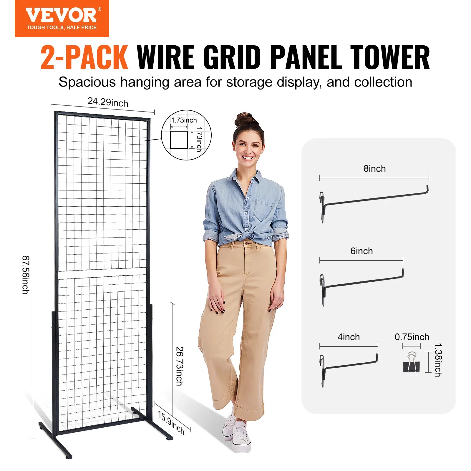 2-Pack 2'x5.6' Floorstanding Grid Wall Panel Tower with T-Base, Double-Sided Wire Racks for Art Craft Shows