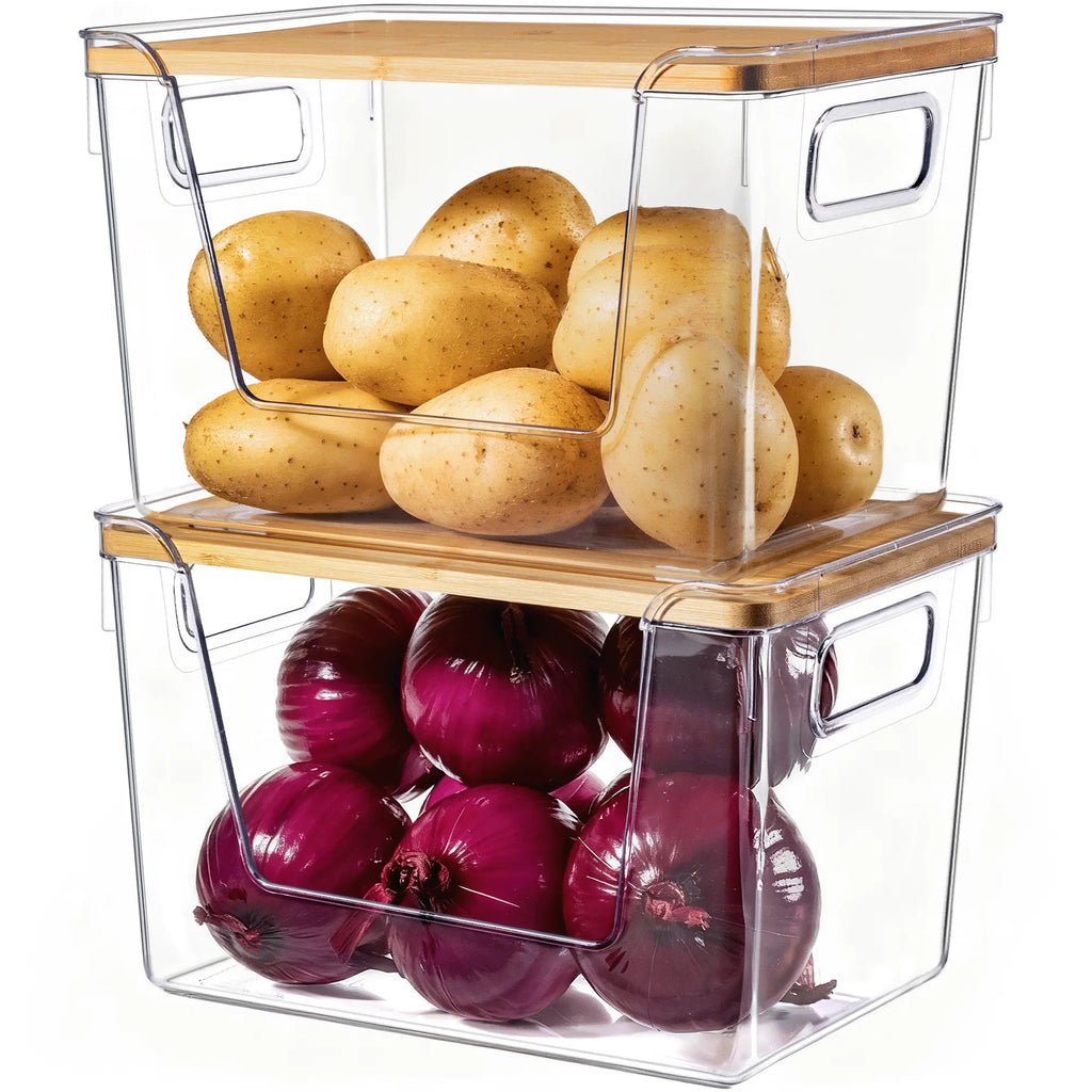 High-Quality Plastic Food Storage Box with Wooden Lid - Transparent Cube Containers with Lids, Kitchen Accessories for Fruits
