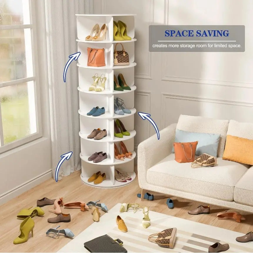 360° Rotating 7-Tiers Organizer Shoe Rack, Fits 28 Pairs of Shoes, Spinning and Revolving 360 Shoe Rack Storage Round Carousel