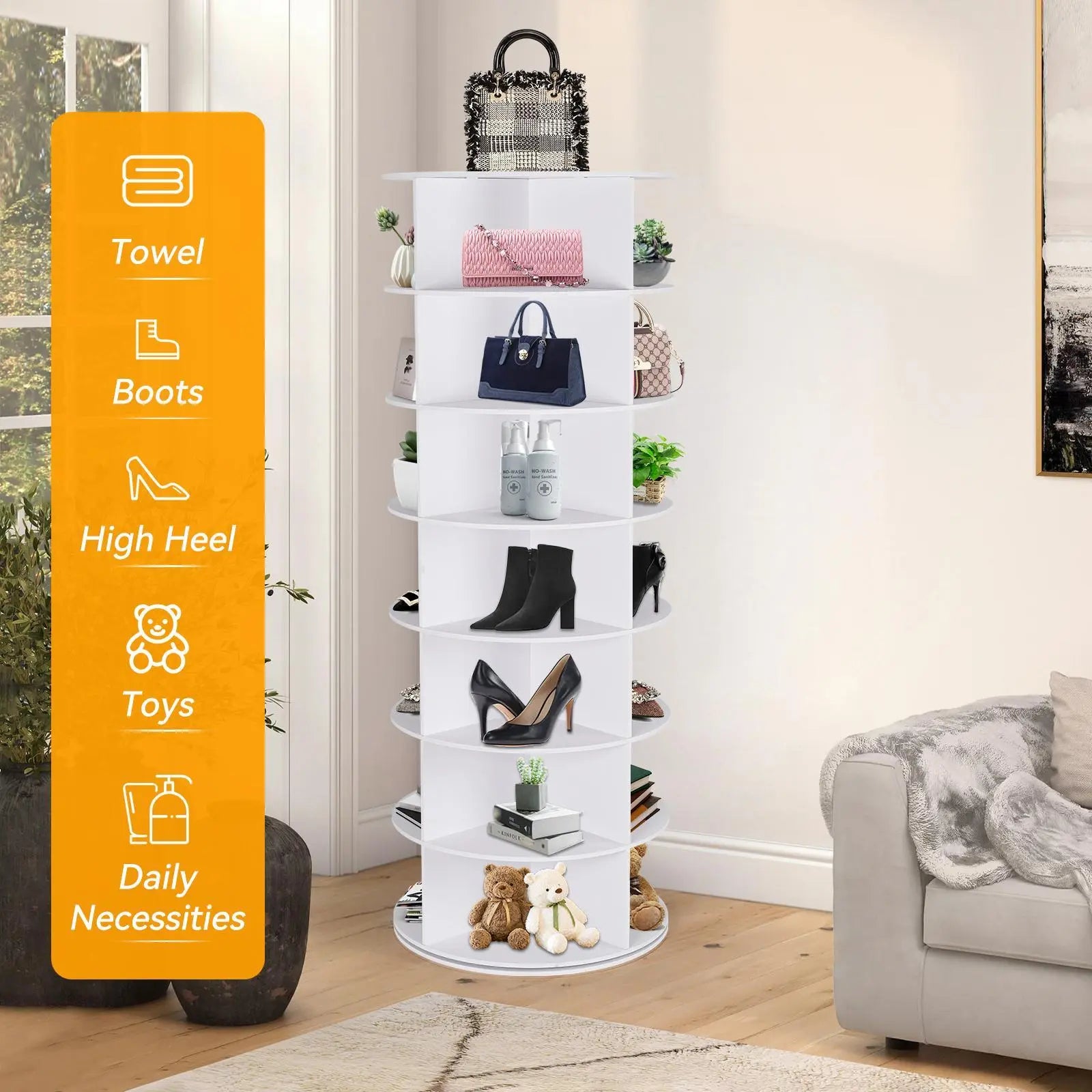 360° Rotating 7-Tiers Organizer Shoe Rack, Fits 28 Pairs of Shoes, Spinning and Revolving 360 Shoe Rack Storage Round Carousel