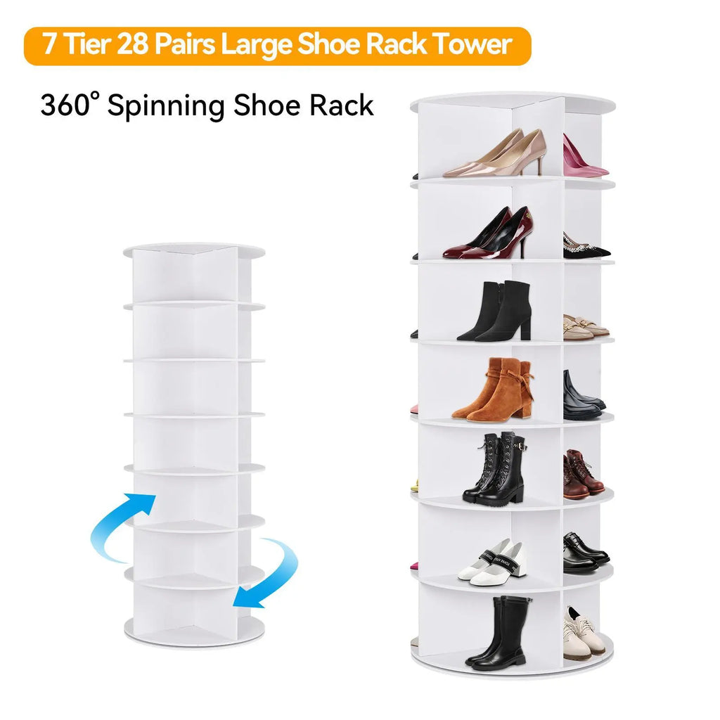 360° Rotating 7-Tiers Organizer Shoe Rack, Fits 28 Pairs of Shoes, Spinning and Revolving 360 Shoe Rack Storage Round Carousel