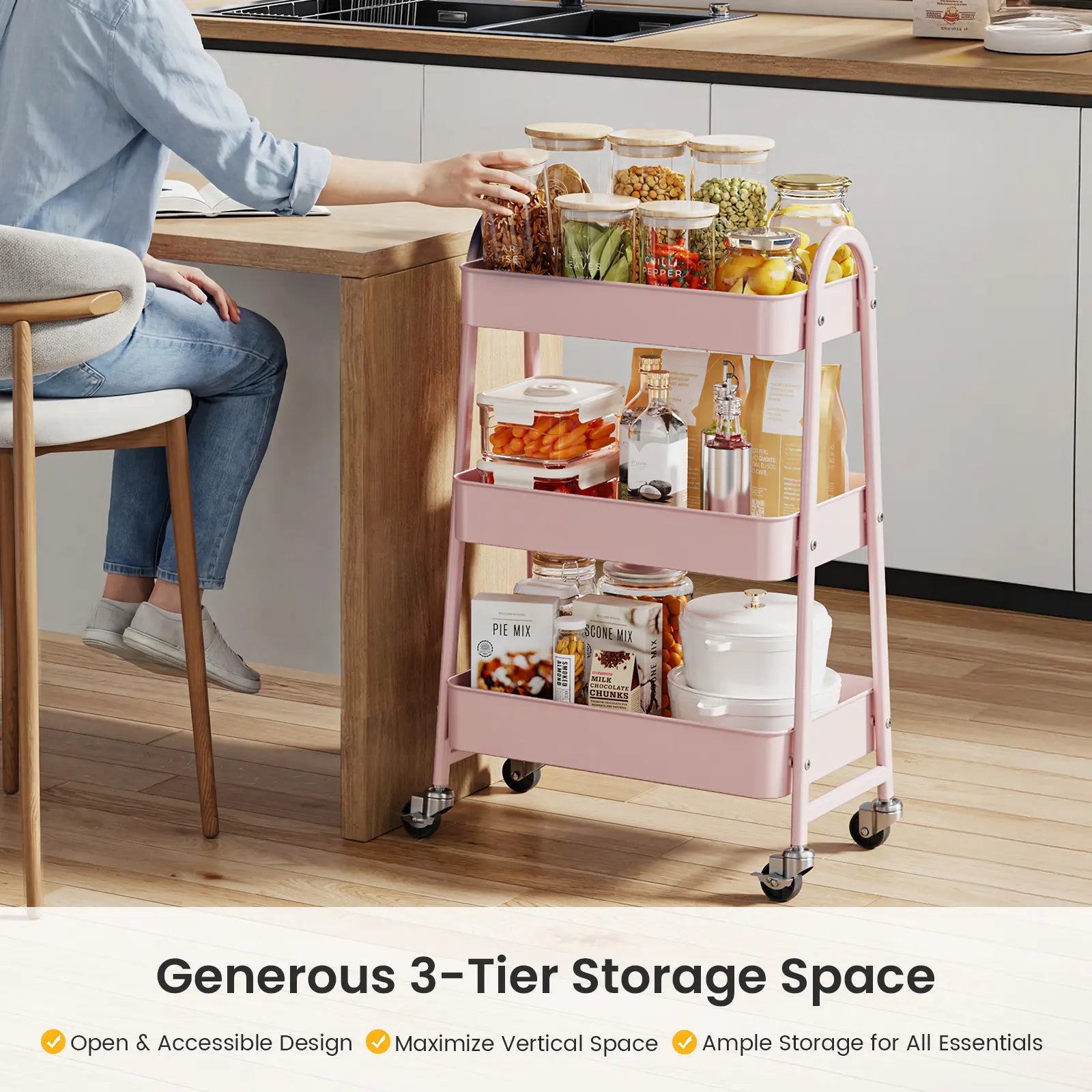 3 Tier Metal Storage Utility Cart with Wheels - Kitchen Trolley