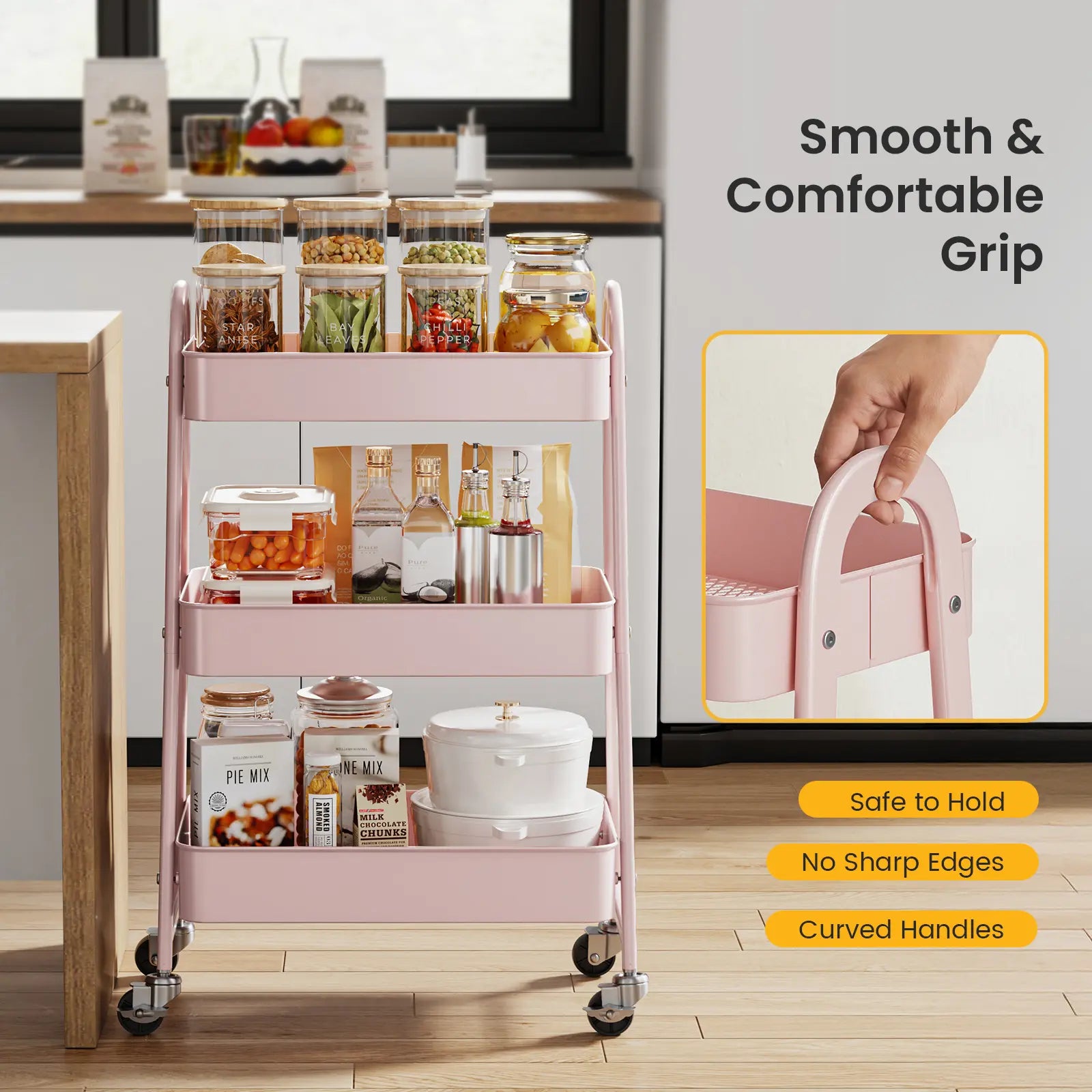 3 Tier Metal Storage Utility Cart with Wheels - Kitchen Trolley
