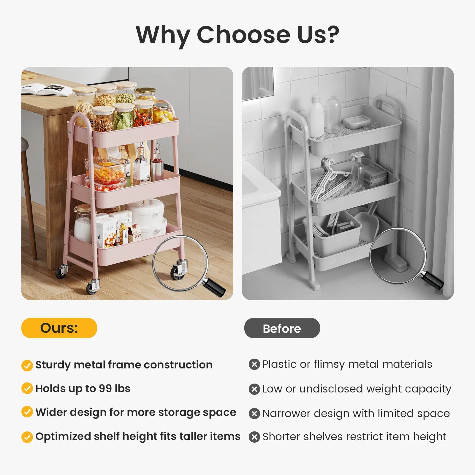 3 Tier Metal Storage Utility Cart with Wheels - Kitchen Trolley