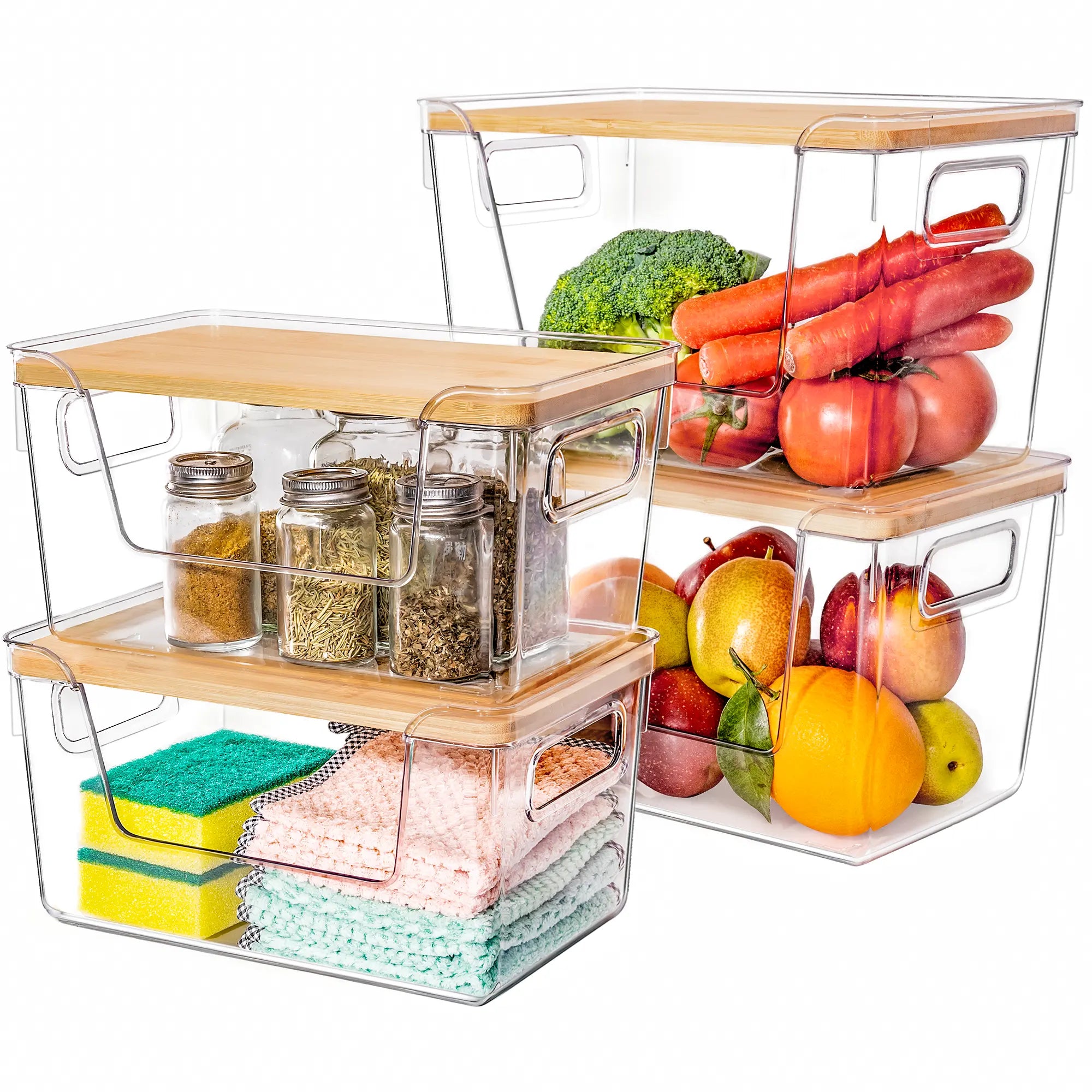 High-Quality Plastic Food Storage Box with Wooden Lid - Transparent Cube Containers with Lids, Kitchen Accessories for Fruits