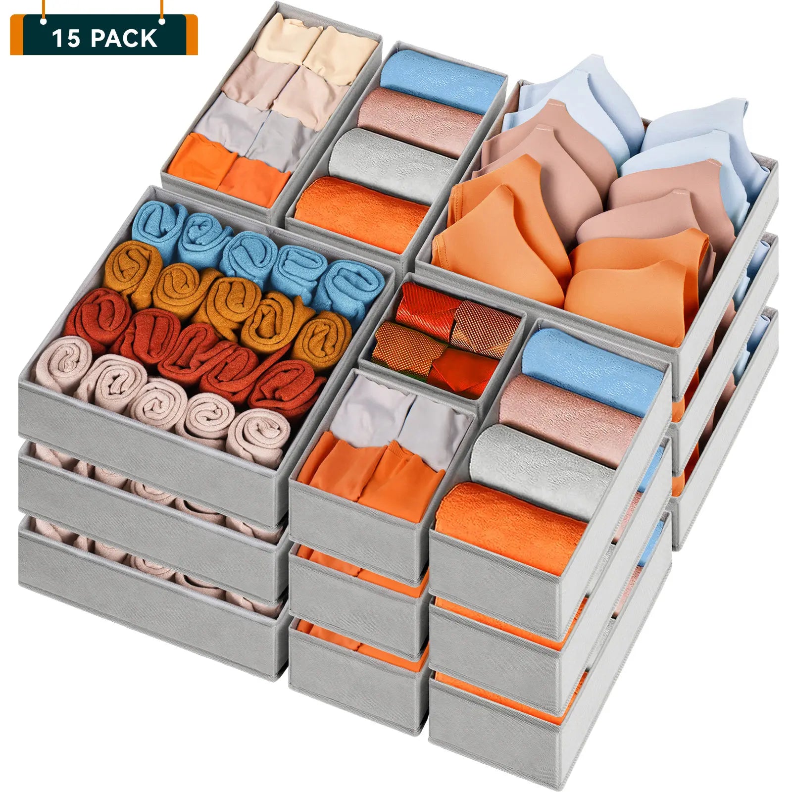 15-Piece Drawers Clothes Organizer - Reinforced Thick Fabric Foldable Storage Box with Divided Compartments
