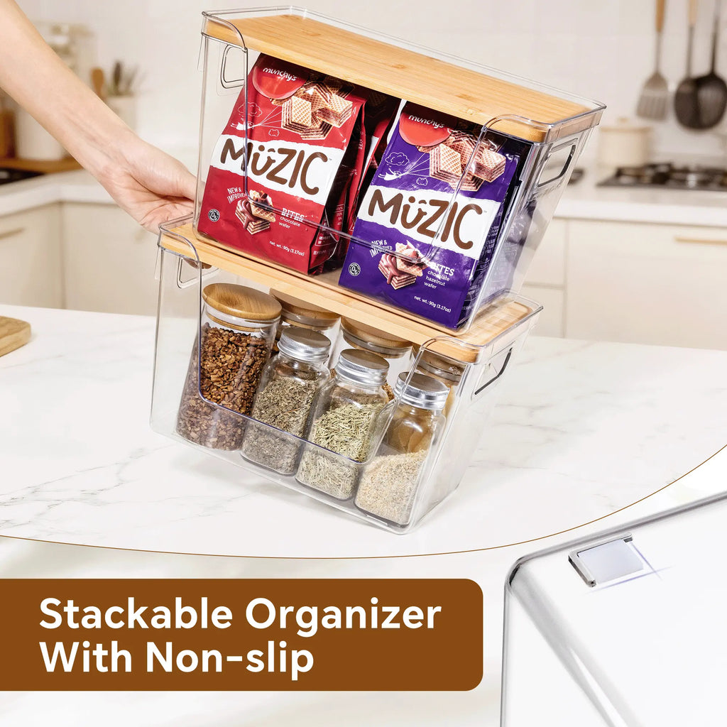 High-Quality Plastic Food Storage Box with Wooden Lid - Transparent Cube Containers with Lids, Kitchen Accessories for Fruits