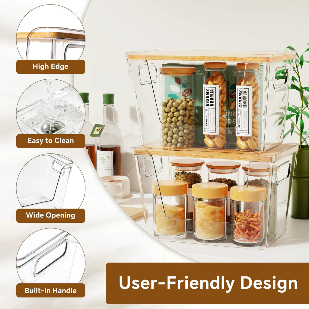 High-Quality Plastic Food Storage Box with Wooden Lid - Transparent Cube Containers with Lids, Kitchen Accessories for Fruits