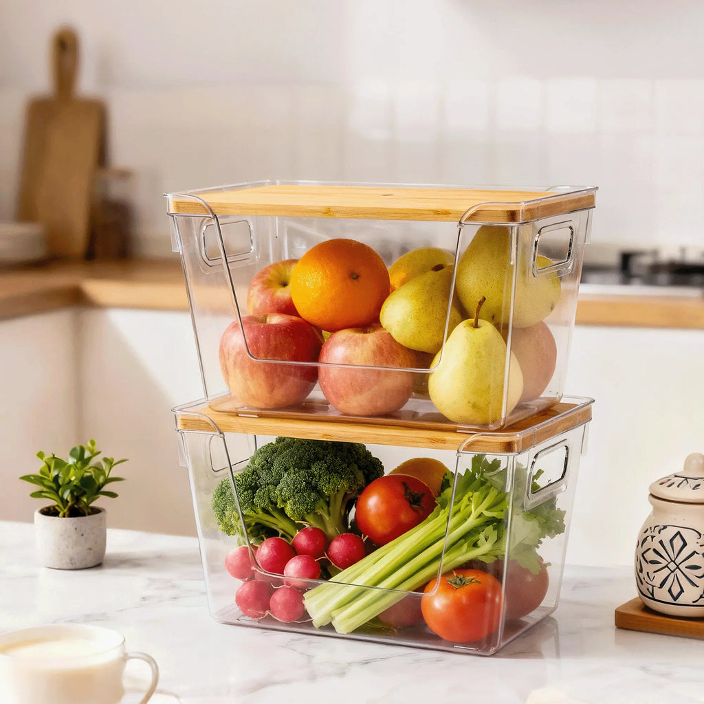 High-Quality Plastic Food Storage Box with Wooden Lid - Transparent Cube Containers with Lids, Kitchen Accessories for Fruits