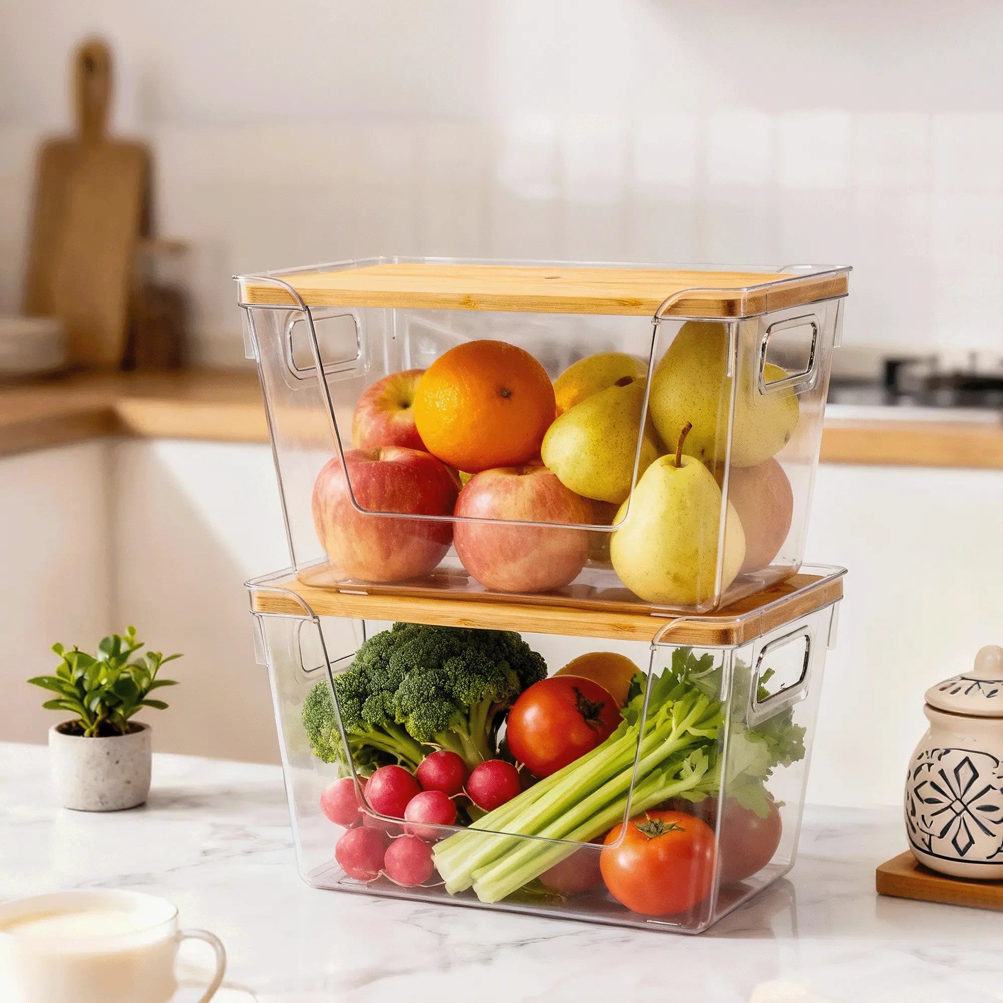 High-Quality Plastic Food Storage Box with Wooden Lid - Transparent Cube Containers with Lids, Kitchen Accessories for Fruits
