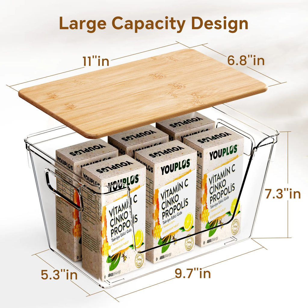 High-Quality Plastic Food Storage Box with Wooden Lid - Transparent Cube Containers with Lids, Kitchen Accessories for Fruits