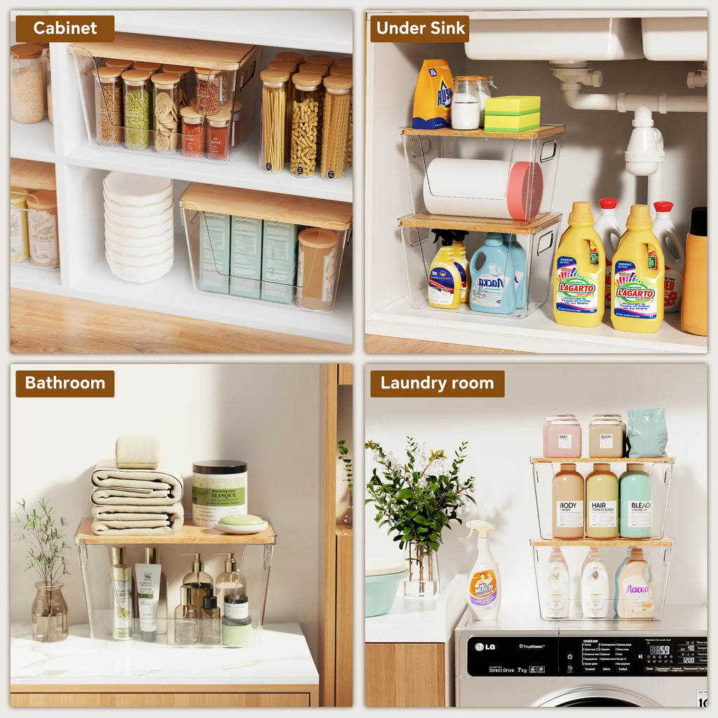 High-Quality Plastic Food Storage Box with Wooden Lid - Transparent Cube Containers with Lids, Kitchen Accessories for Fruits