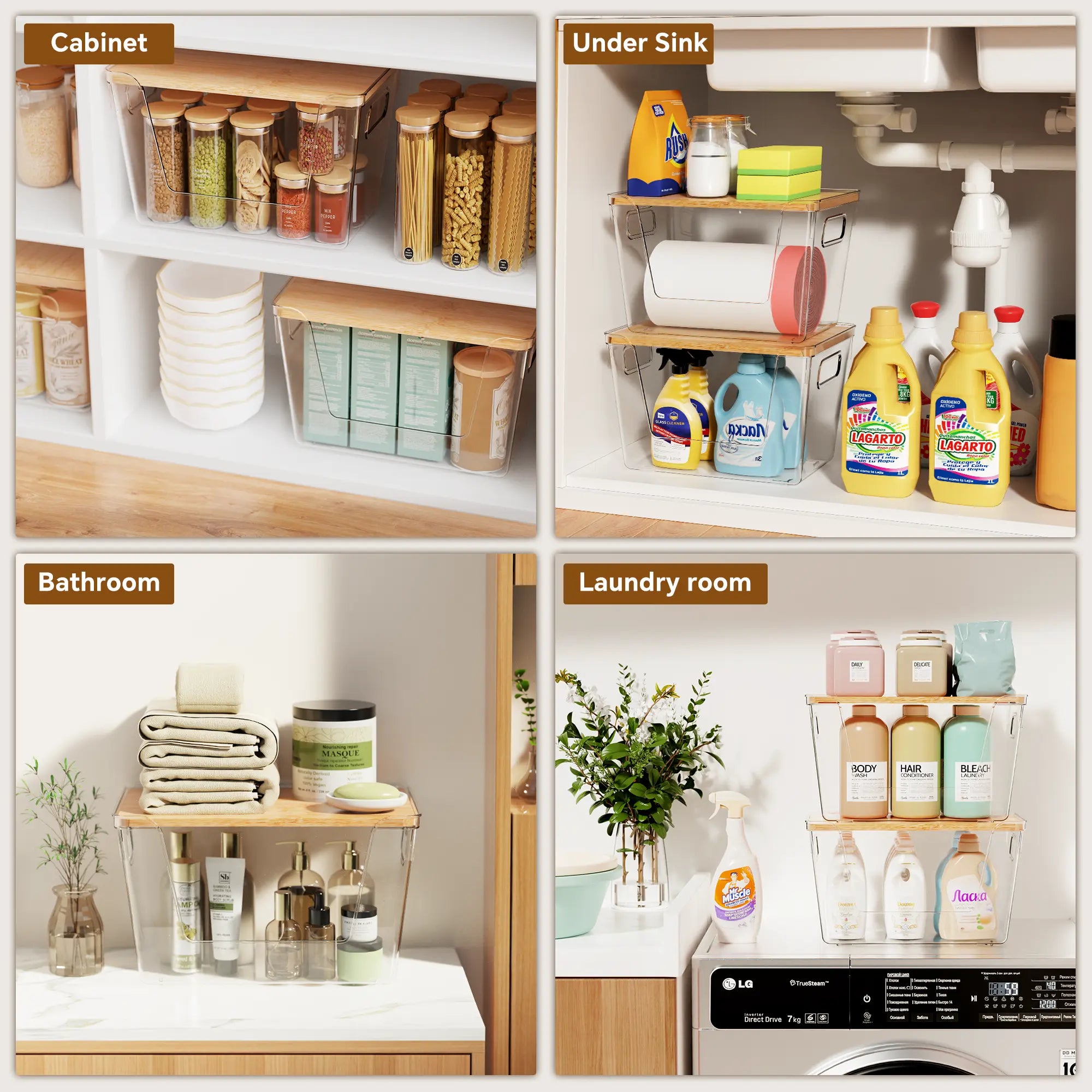 High-Quality Plastic Food Storage Box with Wooden Lid - Transparent Cube Containers with Lids, Kitchen Accessories for Fruits