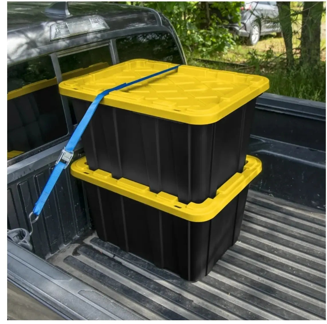 Large Storage Bin, 27 Gallon Durable Plastic Storage Tote with Snap-On Lid, Black and Yellow, 6 Pack