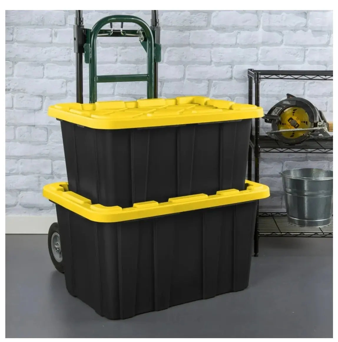Large Storage Bin, 27 Gallon Durable Plastic Storage Tote with Snap-On Lid, Black and Yellow, 6 Pack
