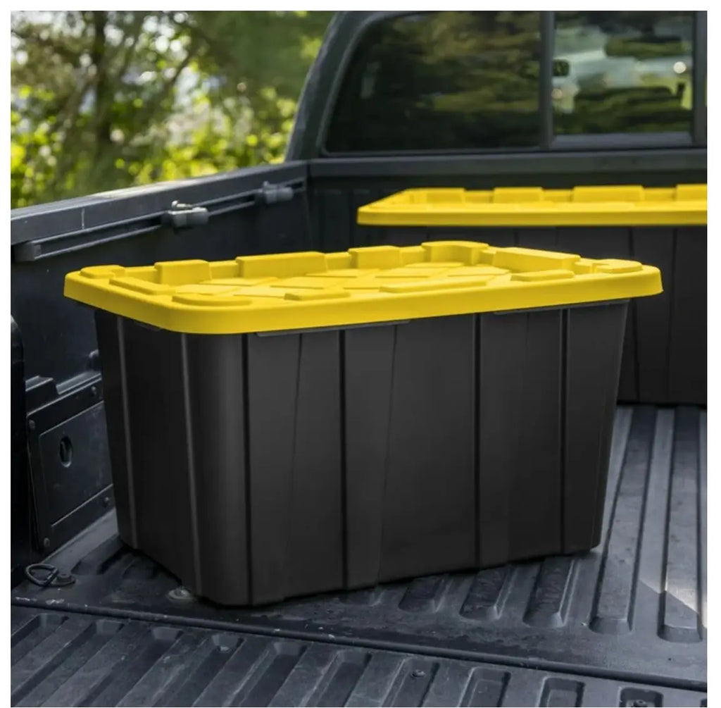 Large Storage Bin, 27 Gallon Durable Plastic Storage Tote with Snap-On Lid, Black and Yellow, 6 Pack